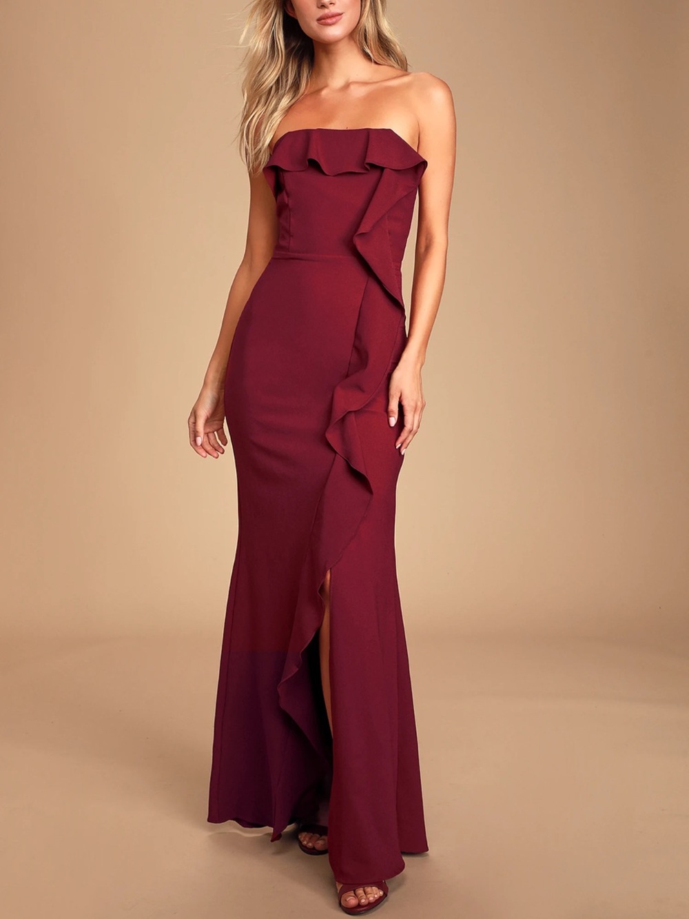 Lulu's Strapless Ruffle Mermaid Gown - Burgundy